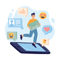 Poster - social media concept. man stands at screen of smartphone. communication on internet and messengers. 