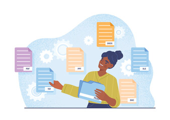 Poster - text files concept. woman puts papers in folder. metaphor of online archive and electronic data stor