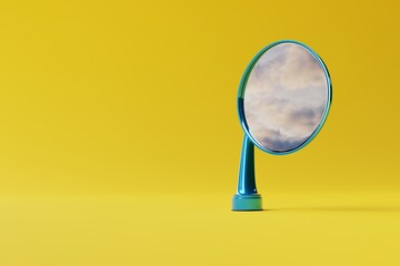 Poster - Retro car mirror on yellow background reflecting clouds. Concept of abstraction, dreams. 3d render.