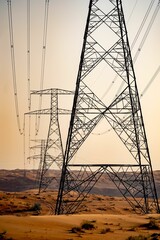 Wall Mural - Vertical shot of tall transmission towers in the brown dunes of a desert under a clear yellow sky