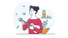 Young Woman Playing Guitar Video Concept. Beautiful Moving Girl Musician Plays Musical Instrument. Creative Character Studying Or Doing Favorite Hobby. Flat Graphic Animated Cartoon In Doodle Style