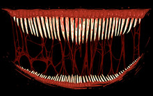 Sharp Long Teeth With Bloody Smudges And Jets On A Black Background. Vector Illustration Of A Bloody Reptile Predator. A Stock Image With A Horror Effect To Add A Manic Evil Look.