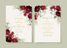 Floral Wedding Invitation And Menu Template Set With Red Roses And Leaves Decoration