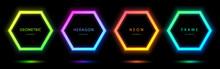 Set Of Glowing Neon Lighting Lines Isolated On Black Background. Blue, Red-purple, Green Illuminate Frame Collection Design. Abstract Cosmic Vibrant Color Hexagon Border. Top View Futuristic Style.