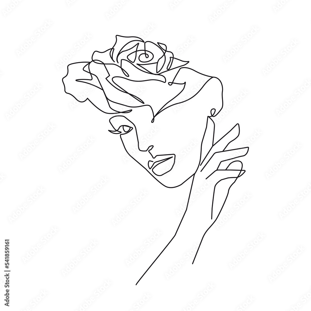 Woman Face with Flowers Line Art Drawing. Abstract Minimal Female Face ...