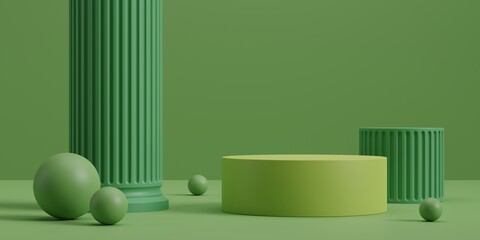 Poster - luxury background concept with roman 3d podium for product presentation. green geometric object on g