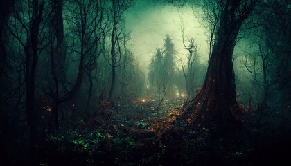 Wall Mural - Dark scary forest cursed by witch spell spectacular 3D illustration for ghost and halloween black magic scene