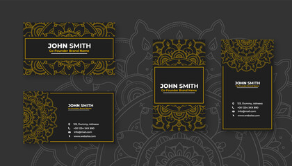 Luxury black business card with yellow mandala decoration designs, Bright floral ornamental elements