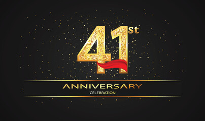 Wall Mural - 41 Year Anniversary celebration Vector Design with red ribbon and glitter. 41st Anniversary celebration. Gold Luxury Banner of 41st Anniversary. celebration card