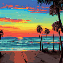 Evening Beach With Palm Trees. Colorful Picture Rest. Vector Illustration . Orange Sunset Blue Sky. Palmy Island. Summer Sunset Again .Tropical Sunrise With Pink Gradient Sun Palm Trees Silhouette 