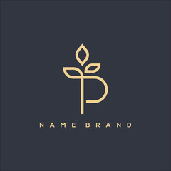 Poster - Line art initials P and leaf. Plant logo vector