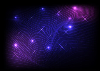 Poster - mesh line and wavy moving point, pink, purple, bright blue under the line, there are colored point with stars. that are scattered around on a black background