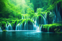 Spectacular Waterfall Scene In The Deep Forest With Green Trees, Nature Setting. Green Scenic Landscape Of Forest And Water Fall Into River, Stream. Digital Art 3D Illustration.