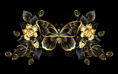 Canvas Print - Jewelry butterfly with black orchids