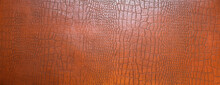 Rectangular Photo Of The Texture Of Brown Crocodile Skin. Alligator Skin Background. Vintage Faux Leather Suitcase Texture.