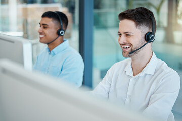 Sticker - Happy call center, consultant man laugh on customer service phone call and happiness in office. Customer support team, working smile for crm teamwork and sitting at telemarketing computer for help