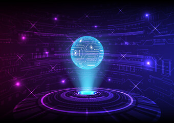 Poster - Circle with circuit pattern on surface floating on hologram machine The back has a curved wall. with a digital circuit pattern with bright dots The stars were shining, scattered all around.