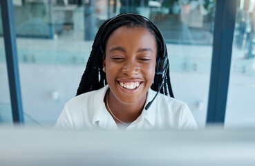 Sticker - Call center, happy and black woman with a smile for telemarketing, customer service and consulting on a computer. Crm, working and African consultant talking and giving support to people on internet