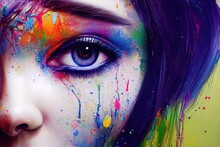 Beautiful Colorful Illustration Of A Female Eye. Spatter And Drips Of Paint. Generated By Ai, Is Not Based On Any Original Image, Character Or Person