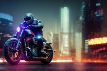 Spectacular Digital Art 3D Illustration Of A Cyberpunk Rider On A Future Bike Or Cruiser With A Vivid And Glowing Neon Light. Cyberpunk Landscape With Retrowave And Synthwave At Night.