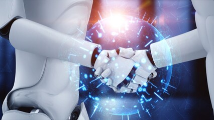 Poster - 3D rendering hominoid robot handshake to collaborate future technology development by AI thinking brain, artificial intelligence and machine learning process for 4th industrial revolution.
