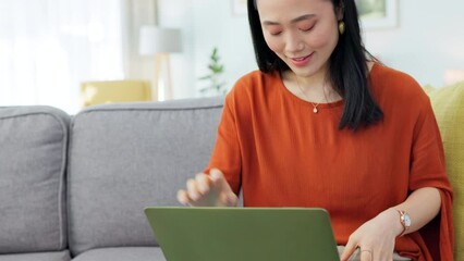 Poster - Freelance woman, remote work and laptop for writing fashion blog content with asian on her living room home sofa. Happy female student writer typing online for working, social media or email