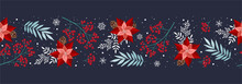 Merry Christmas And Happy New Year Folk Art Background. Berries, Poinsettia And Leaves Stylish Vector Illustration On Winter Greeting Card. Good For Cards, Posters And Banner Design