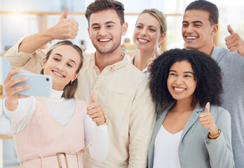 Poster - Selfie, thumbs up and business people with a phone for team building, partnership and collaboration in an office at work. Thank you, vote and hand of workers for photo on social media with a mobile