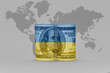 national flag of ukraine on the dollar money banknote on the world map background .3d illustration