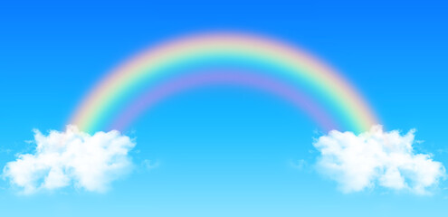 Wall Mural - rainbow with blue sky and cumulus clouds; paradise perfect and symmetrical backgound