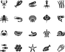 Vector Set Of Seafood Flat Icons. Contains Icons Fish, Lobster, Crab, Octopus, Shrimp, Oyster, Mussel, Caviar, Eel And More. Pixel Perfect.