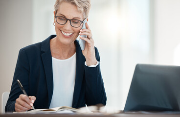 Sticker - Mature business woman, phone call and notebook writing in company finance, investment and stock market sales negotiation. Smile, happy and talking financial broker on laptop or mobile tech networking