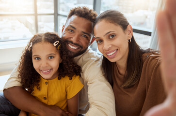 Canvas Print - Black family, selfie and happiness of a mother, father and girl bonding together at home. Portrait of a happy mama, dad and child with quality time, parents love and a hug showing care at a house