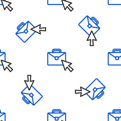 Poster - Line Online working icon isolated seamless pattern on white background. Freelancer man working on laptop at his house. Remote work. Distant job concept. Colorful outline concept. Vector