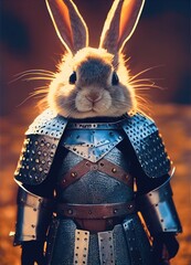 Spectacular battle-ready rabbit knight in medieval portrait. Digital art 3D illustration animal warrior concept by rabbit equipped with medieval chainmail armor.