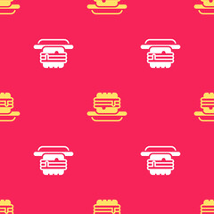 Poster - Yellow Junk food icon isolated seamless pattern on red background. Prohibited hot dog. No Fast food sign. Vector