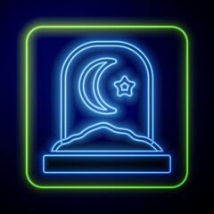 Wall Mural - Glowing neon Muslim cemetery icon isolated on blue background. Islamic gravestone. Vector