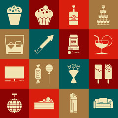 Sticker - Set Sofa, Ice cream, Martini glass, Whiskey bottle, Firework rocket, Glass whiskey and ice cubes, Popcorn cardboard box and Karaoke icon. Vector