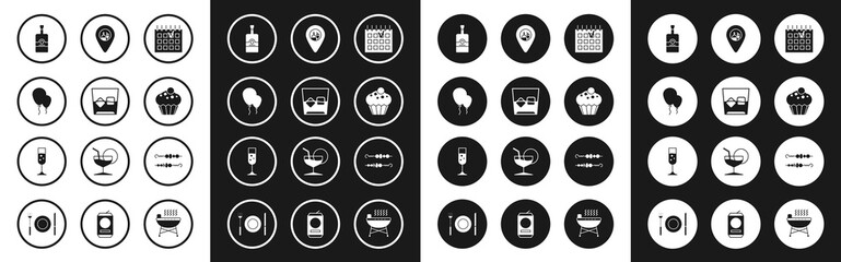 Sticker - Set Detailed calendar, Glass of whiskey and ice cubes, Balloons with ribbon, Whiskey bottle, Muffin, Alcohol or beer bar location, Grilled shish kebab and champagne icon. Vector