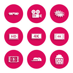 Sticker - Set , Popcorn cardboard box, 4k movie, tape, frame, Play Video, Laptop screen HD video technology, Bang boom text speech bubble balloon and 3D cinema glasses icon. Vector