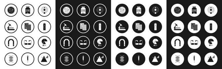 Poster - Set Solar system, Pills in blister pack, Microscope, Bacteria, Battery, Medicine bottle and pills, Pie chart infographic and Magnet icon. Vector