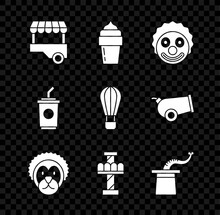 Set Fast Street Food Cart, Ice Cream, Clown Head, Wild Lion, Attraction Carousel, Magician Hat, Paper Glass With Water And Hot Air Balloon Icon. Vector
