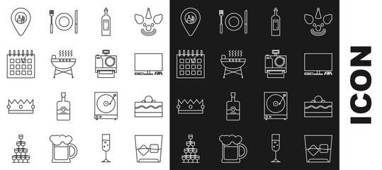 Sticker - Set line Glass of whiskey and ice cubes, Cake, Video game console, Bottle wine, Barbecue grill, Detailed calendar, Alcohol or beer bar location and Photo camera icon. Vector