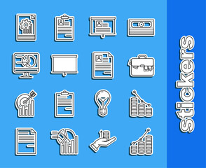 Sticker - Set line Pie chart infographic and coin, Briefcase money, Board with resume, Chalkboard, Computer monitor, Document and Resume icon. Vector