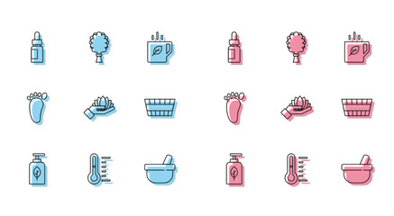 Poster - Set line Essential oil bottle, Sauna thermometer, Mortar and pestle, Lotus flower, bucket, Foot massage and broom icon. Vector