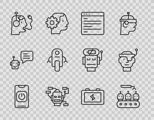Poster - Set line Turn off robot from phone, Industrial production robots, Computer api interface, Robot, charging battery, Battery and Smart glasses icon. Vector