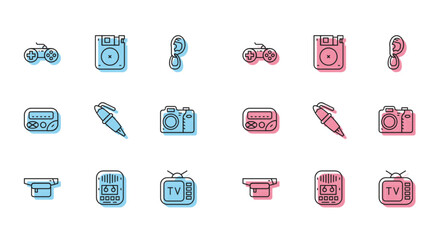Poster - Set line Waist bag of banana, Cassette tape player, Gamepad, Retro tv, Fountain pen nib, Photo camera, Pager and Floppy disk icon. Vector