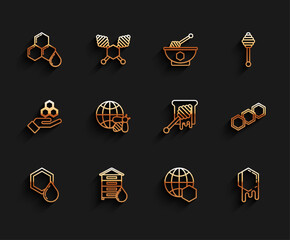 Sticker - Set line Honeycomb, Hive for bees, map of the world, and, and dipper stick with dripping honey icon. Vector