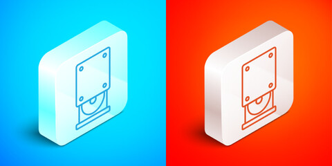 Poster - Isometric line Optical disc drive icon isolated on blue and red background. CD DVD laptop tray drive for read and write data disc. Silver square button. Vector