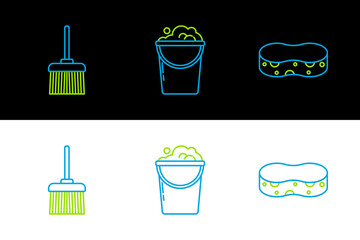 Sticker - Set line Sponge, Handle broom and Bucket with foam bubbles icon. Vector